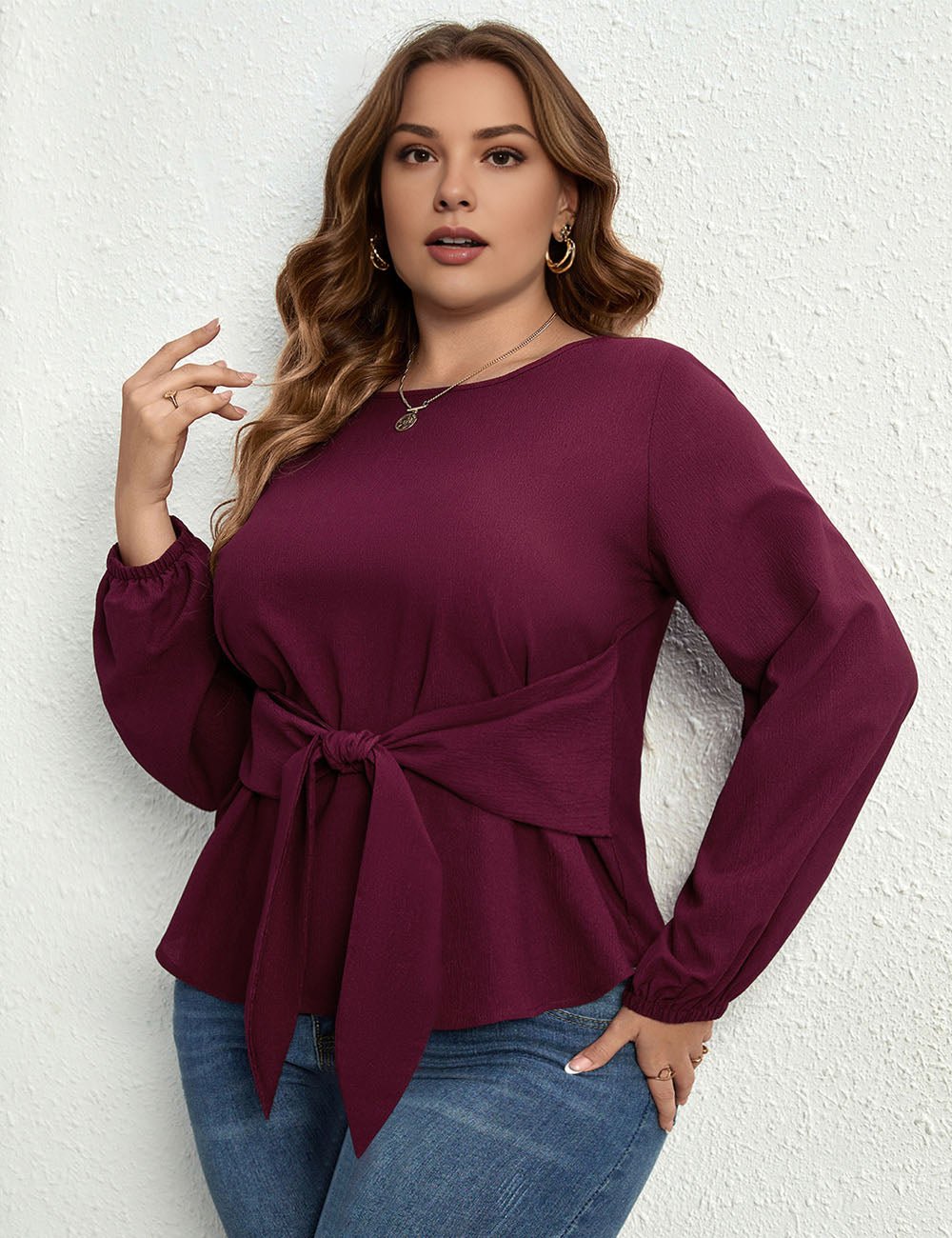 Women Plus Size Tie Front Long Sleeve Shirt | PRUSES - PRUSES