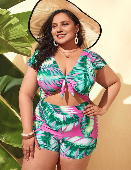 Women Plus Size Tropical Print One - Piece Swimsuit with Knot - PRUSES