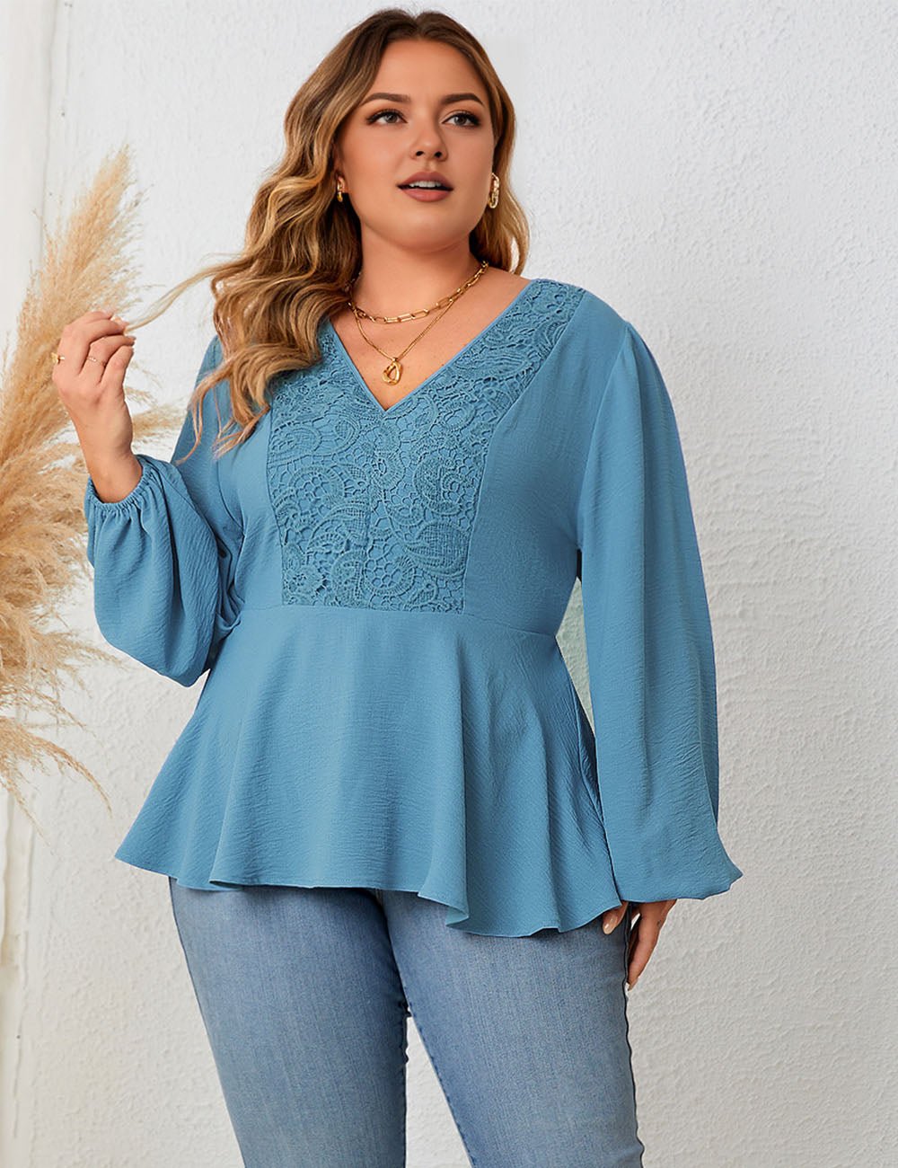 Women Plus Size V - Neck Lace Long - Sleeved Shirt Blue | PRUSES - PRUSES