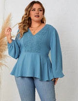 Women Plus Size V - Neck Lace Long - Sleeved Shirt Blue | PRUSES - PRUSES