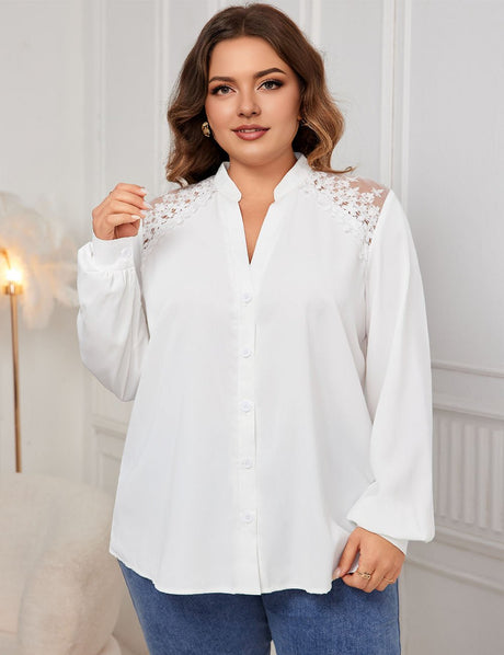 Women Plus Size V neck Lace Stitching Printing Shirt | PRUSES - PRUSES