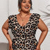 Women Plus Size V - Neck Leopard Print Ruffle Sleeves One - Piece Swimsuit - PRUSES