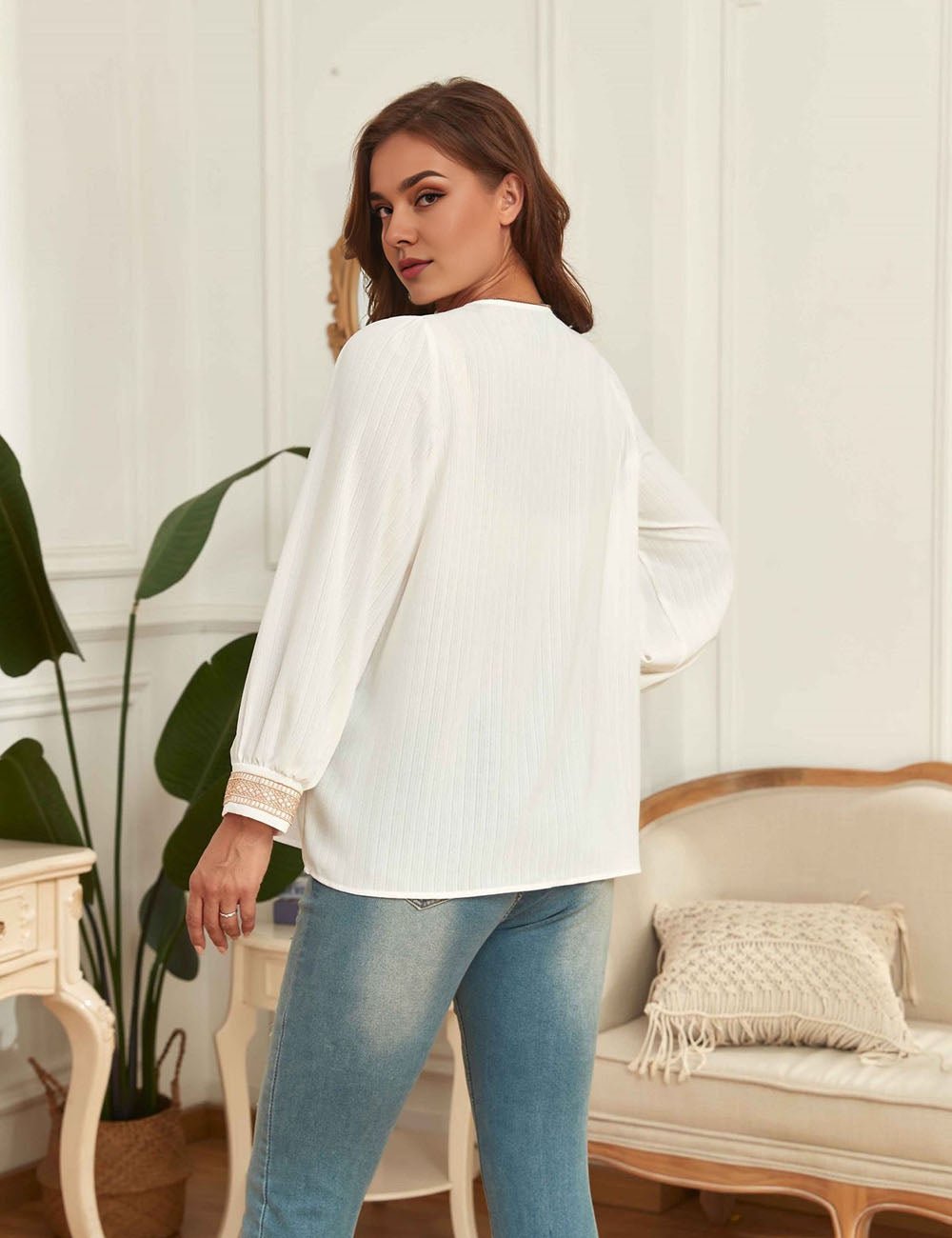 Women Plus Size V - Neck Loose Long - Sleeved Shirt | PRUSES - PRUSES