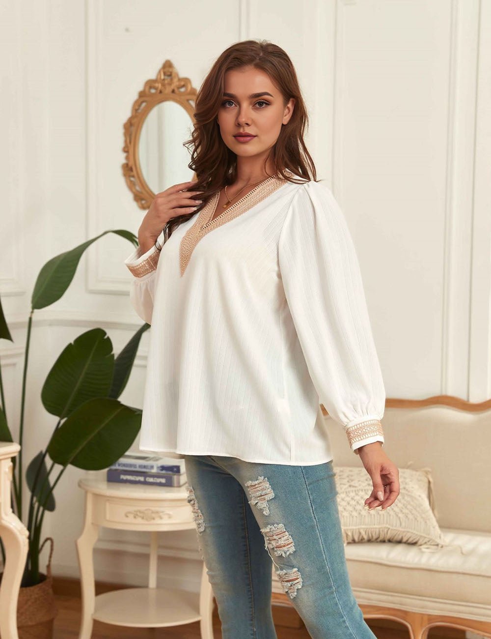 Women Plus Size V - Neck Loose Long - Sleeved Shirt | PRUSES - PRUSES