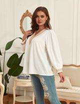 Women Plus Size V - Neck Loose Long - Sleeved Shirt | PRUSES - PRUSES