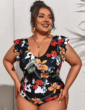 Women Plus Size V - Neck Printed Ruffle Sleeves One - Piece Swimsuit - PRUSES