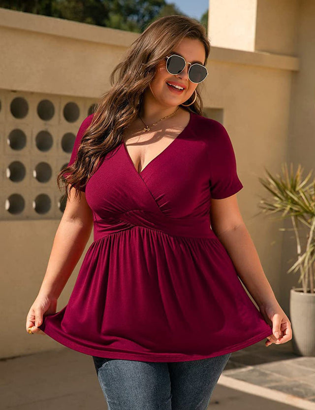 Women Plus Size V Neck Wrap Tunic Short Sleeve | PRUSES - PRUSES