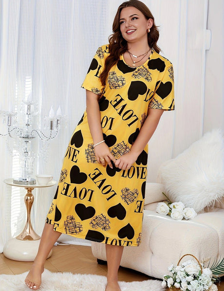 Women Plus Size Yellow Heart Printed Short Sleeve Nightgown