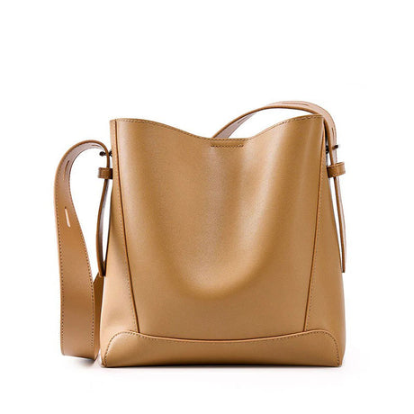 Women's Khaki Genuine Leather Bucket Bags Wide Strap Shoulder Bags 