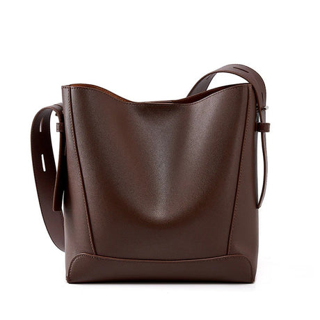 Women's Coffee Genuine Leather Bucket Bags Wide Strap Shoulder Bags 