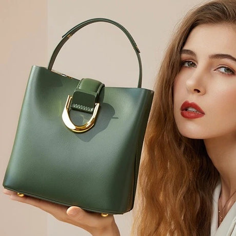 Leather Top Handle Handbag Metal Buckle Bucket Bag