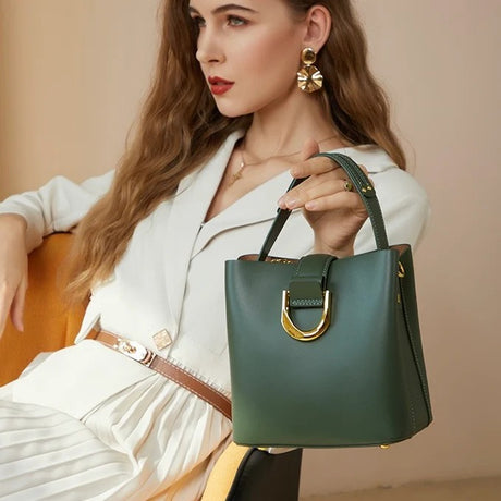 Women's Leather Top Handle Handbag Bucket Bag
