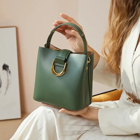 Women's Genuine Leather Buckle Vintage Bucket Bag