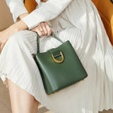 Women's Leather Green Top Handle Handbag Bucket Bag