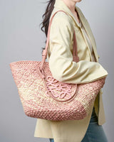 Women's Pink Handwoven Straw Beach Tote Bag