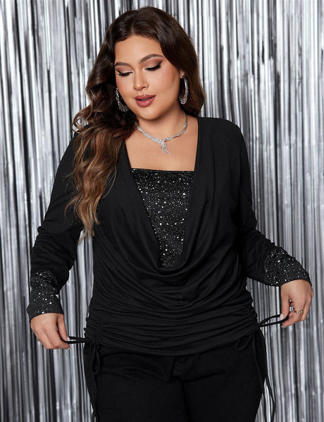Womens Plus Size Draped Collar Glitter Panel Long sleeve Tee | PRUSES - PRUSES