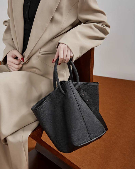 Women's Black Premium Leather Bucket Tote Bag