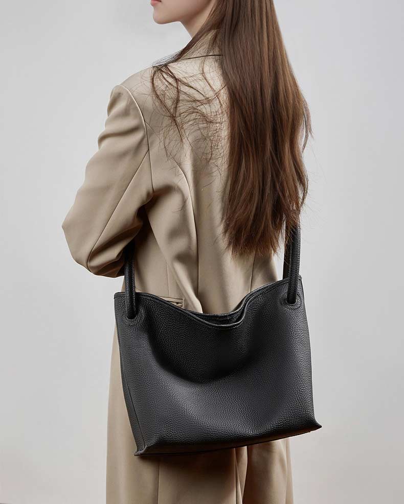 Women's Black Premium Leather Crossbody Bucket Bag