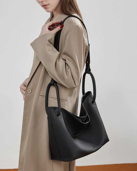 Women's Black Leather Bucket Shoulder Bag