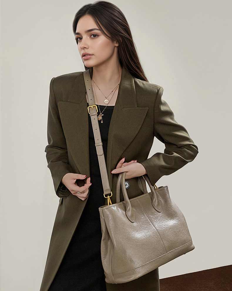 Women's Gray Premium Leather Structured Work Crossbody Tote Bag