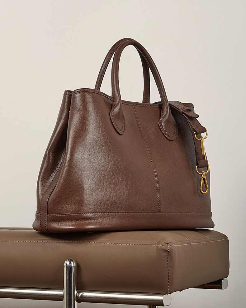 Women's Brown Leather Structured Work Tote Bag