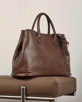 Women's Brown Leather Structured Work Tote Bag