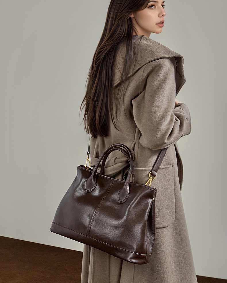 Women's Chocolate Premium Leather Structured Crossbody Bag