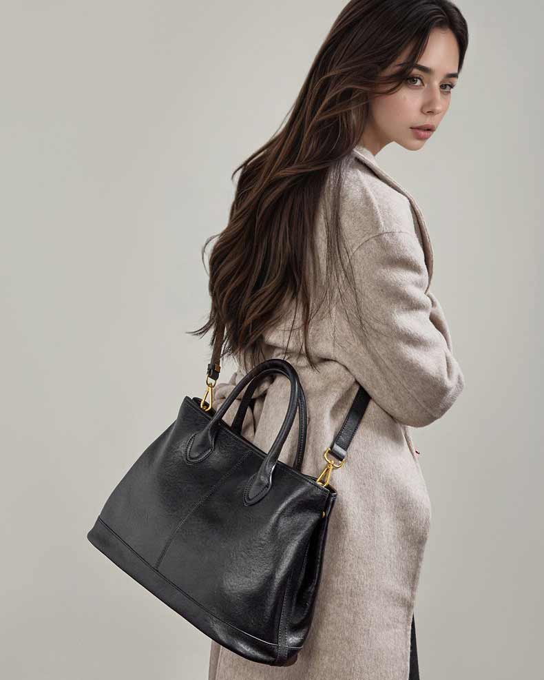 Women's Black Premium Leather Structured Crossbody Bag