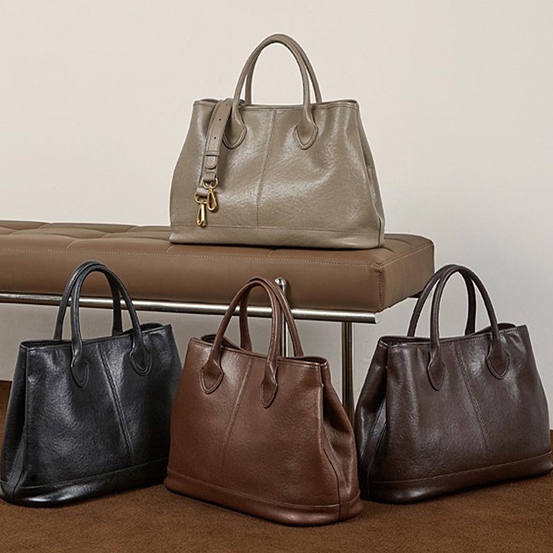 Four Structured Leather Handbags in Black,Chocolate,Brown,Gray